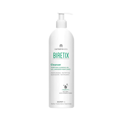 Frasco branco com doseador de gel de limpeza BIRETIX Cleanser