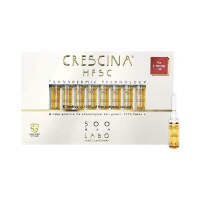 Embalagem com ampolas amareladas Crescina HFSC para queda de cabelo masculino