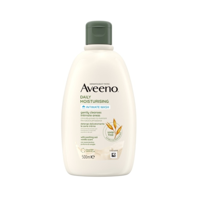 Frasco branco com tampa verde de gel íntimo Aveeno Daily Moisturising 500 ml