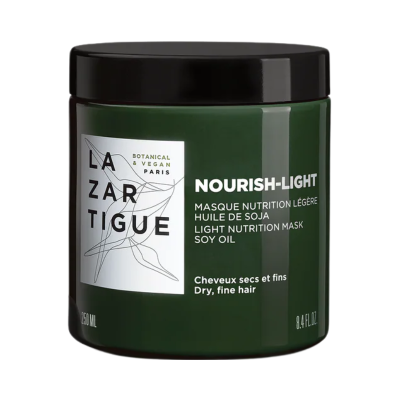 Recipiente verde com máscara nutritiva luz para cabelo seco e fino