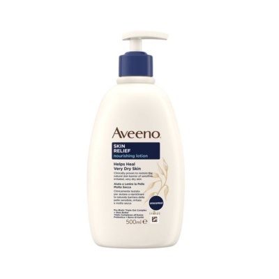 Frasco branco de loção corporal Aveeno com doseador azul