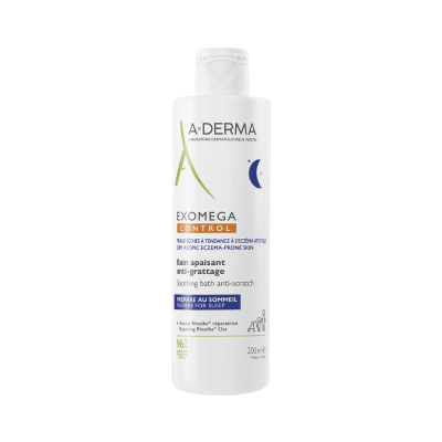 Frasco branco de banho calmante A-Derma Exomega Control para pele atópica