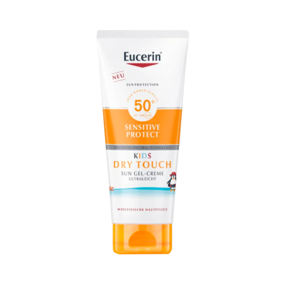 Tubo de protetor solar Eucerin Kids Dry Touch FPS 50+, branco e laranja com pinguim.