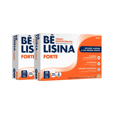 Embalagens de suplemento BÊ LISINA FORTE para energia e imunidade.