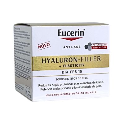 Caixa branca e dourada de creme facial Eucerin Hyaluron-Filler + Elasticity com texto em português