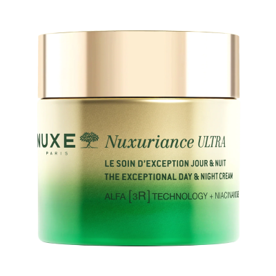 Frasco de creme NUXE Nuxuriance ULTRA dourado e verde com textos em verde
