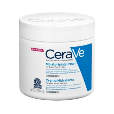 Frasco branco de creme hidratante CeraVe para pele seca a muito seca