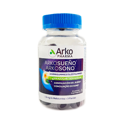 Frasco plástico transparente com gomas para dormir Arko Pharma com rótulo roxo e branco e tampa azul