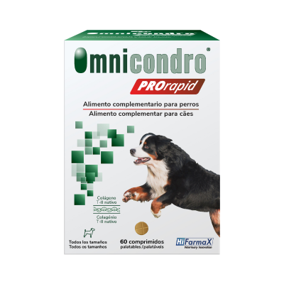 Embalagem de suplemento alimentar para cães Omnicondro PROrapid com imagem de cão a correr