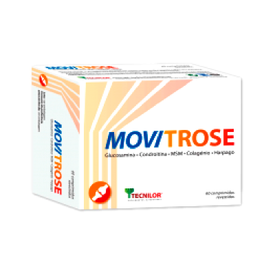 Embalagem branca de suplemento alimentar MOVITROSE com texto em azul e laranja e logótipo TECNILOR