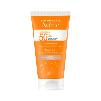 Fluido com cor Avène SPF 50+ em embalagem laranja com tampa branca