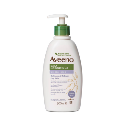 Frasco branco com doseador verde de loção hidratante Aveeno lavanda 300ml