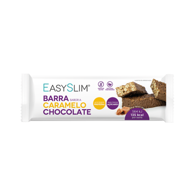 Barra EasySlim sabor caramelo chocolate em embalagem branca com texto roxo e amarelo