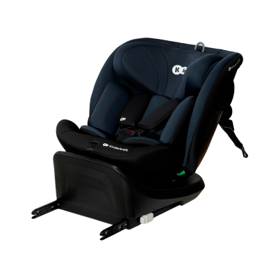 Cadeira auto infantil azul escura com preto, cinto de segurança e base ISOFIX.