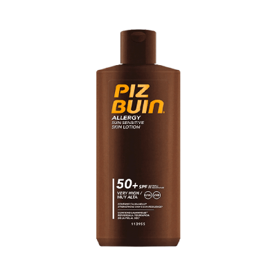 Frasco castanho de loção solar Piz Buin Allergy SPF 50+