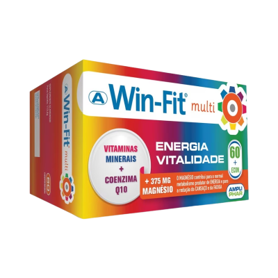 Embalagem colorida de suplemento Win-Fit multi com textos sobre vitaminas, minerais e magnésio