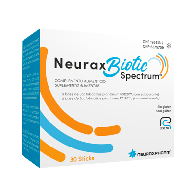 Embalagem branca com detalhes em azul e laranja do suplemento Neurax Biotic Spectrum