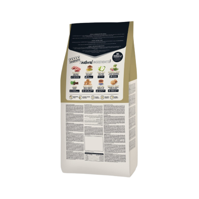 Pacote de ração para animais com descrição e imagens de ingredientes naturais