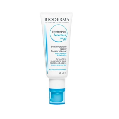 Frasco branco com tampa azul de produto Bioderma Hydrabio Perfecteur SPF30