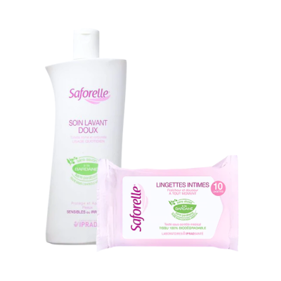 Produtos Saforelle para higiene feminina em embalagens rosa e branca