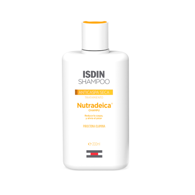 Frasco branco de shampoo ISDIN Nutradeica 200 ml com tampa branca e detalhes em laranja