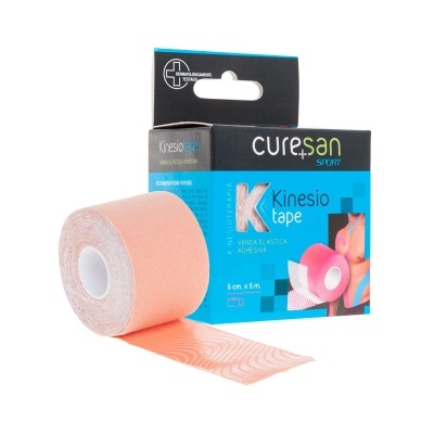 Fita adesiva elástica Kinesio tape cor de pele com embalagem azul e preta