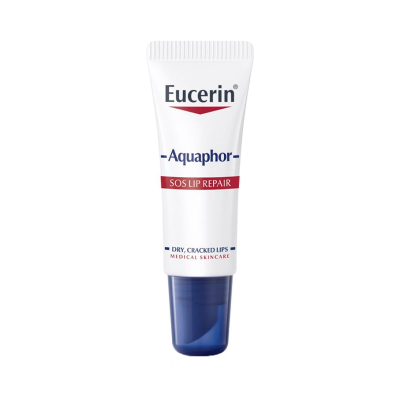 Tubo de creme para lábios Eucerin Aquaphor SOS LIP REPAIR branco com tampa azul