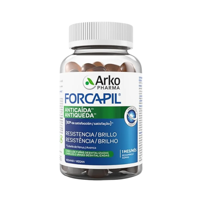 Frasco de suplemento FORCAPIL Anticaída com gomas marrons e rótulo colorido