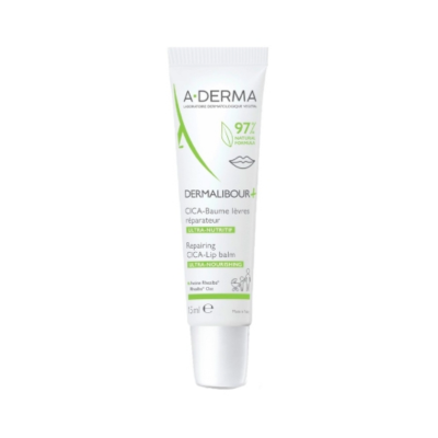 Bálsamo labial reparador A-DERMA DERMALIBOUR+ em tubo branco com texto verde e cinzento