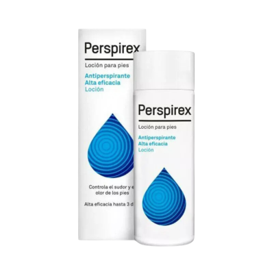 Antiperspirante Perspirex para pés em embalagem branca com gota azul