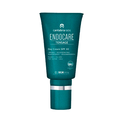 Frasco verde de creme facial Endocare Tensage FPS 30 da Cantabria Labs