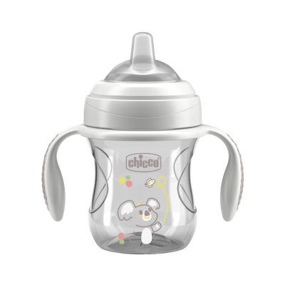 Copo infantil transparente com pega cinzenta e desenho de coelho