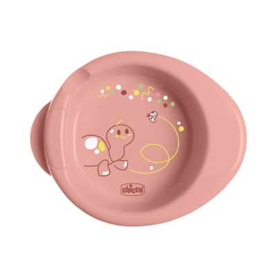Prato infantil rosa com desenho de tartaruga e borboleta e logo chicco