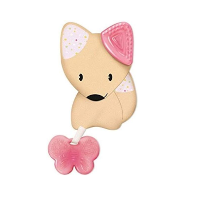 Brinquedo ou mordedor em forma de raposa bege com rosa e branco.