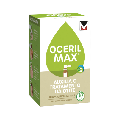 Embalagem verde e bege de spray auricular Oceril Max para tratamento da otite