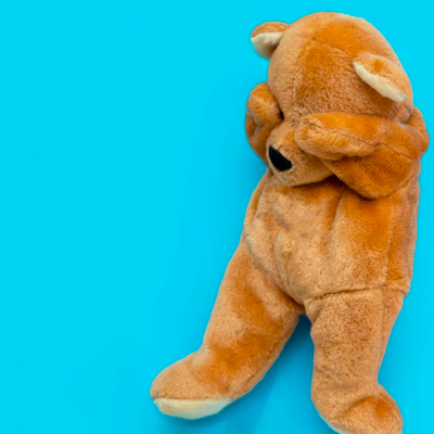 Urso de peluche castanho com mãos a tapar os olhos sobre fundo azul