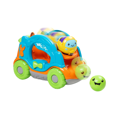 Brinquedo infantil colorido com rodas e bola sorridente