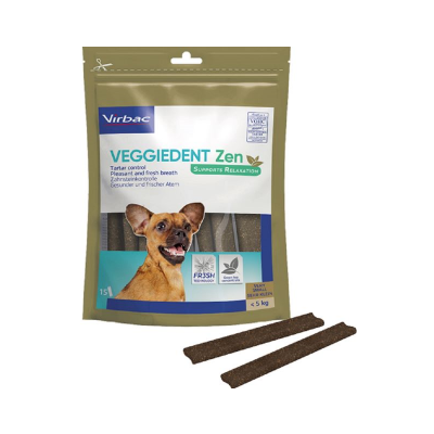 Pacote de snacks para cães Vagiedent Zen da Virbac com imagem de cão e dois snacks castanhos ao lado