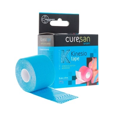 Rolo de kinesiotape azul com embalagem Curesan Sport