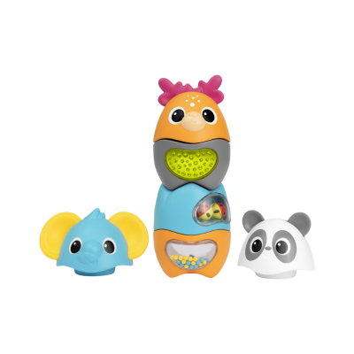 Brinquedos para bebé coloridos em formas de elefante, boneco e panda
