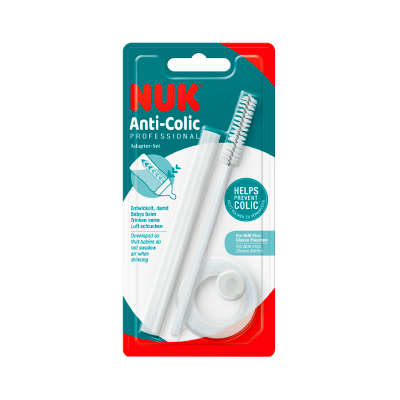 Conjunto adaptador Anti-Colic da NUK Professional para prevenção de cólicas em bebés.