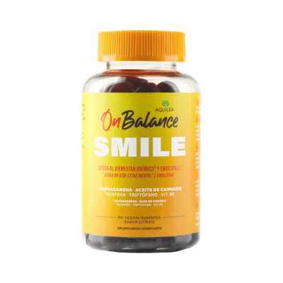 Frasco de suplemento OnBalance SMILE com tampa amarela e rótulo amarelo