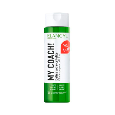 Frasco de produto Elancyl My Coach! verde e branco