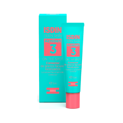 Corrector de grãos faciais ISDIN Teen Skin Acniben 3 em tubo azul turquesa e rosa