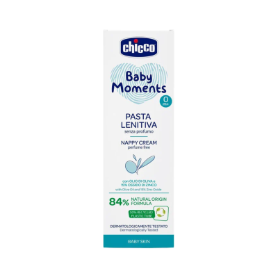 Caixa de creme para bebé Chicco Baby Moments branco com texto azul e verde
