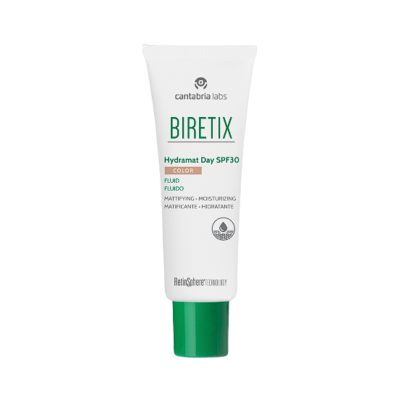 Frasco tubo branco e verde de produto cosmético BIRETIX Hydramat Day SPF30