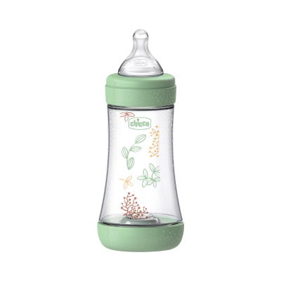 Frasco para bebé Chicco com folhas decorativas e tampa verde