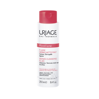 Frasco branco com tampa vermelha de fluido dermo-limpador Uriage Roséliane 250 ml