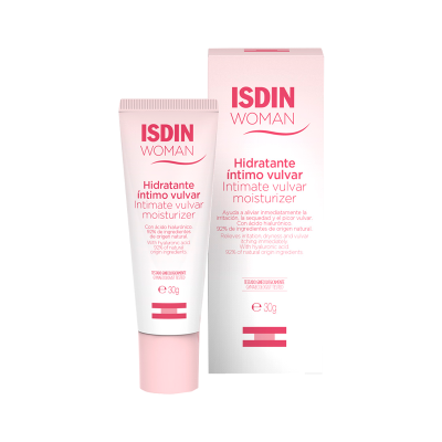 Creme hidratante íntimo vulvar ISDIN Woman em tubo branco e rosa com embalagem correspondente