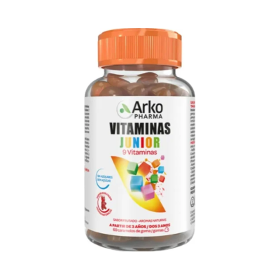 Frasco de vitaminas gomas Arko Pharma com tampa laranja
